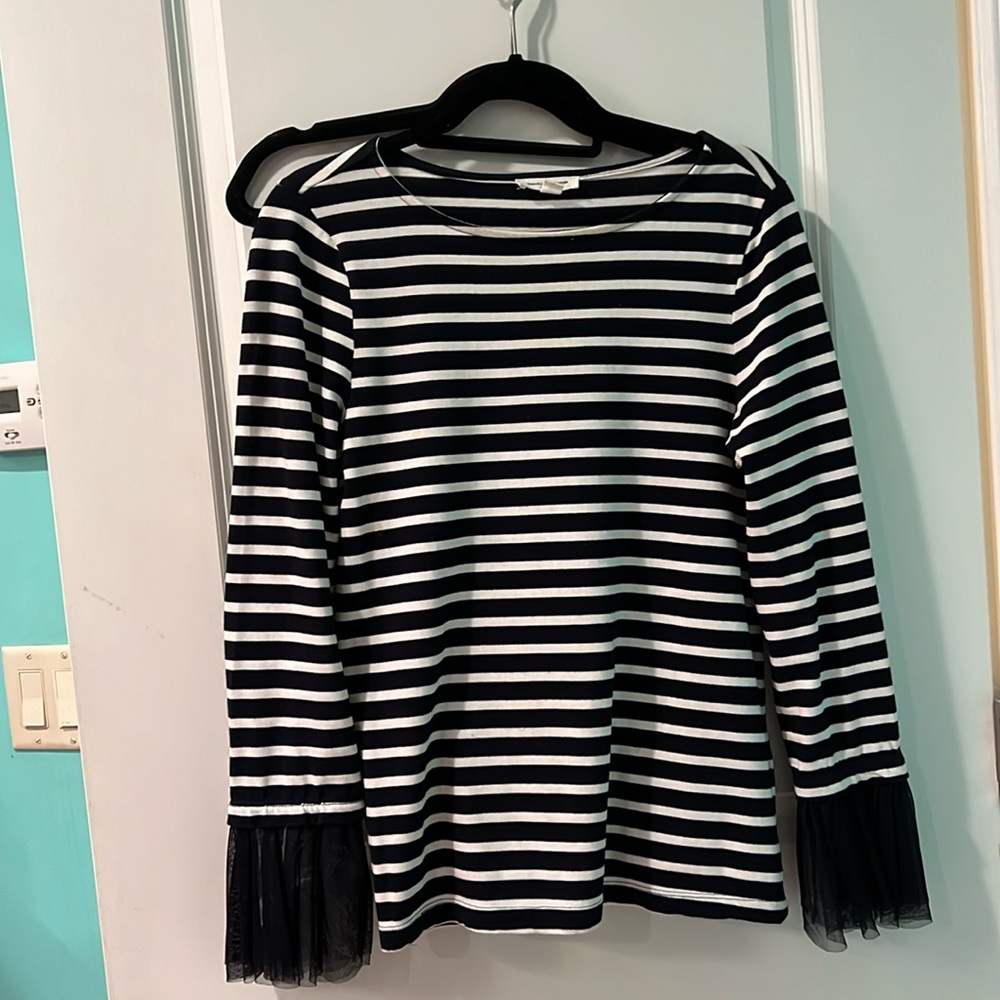 Blue and White striped top with tulle sleeves